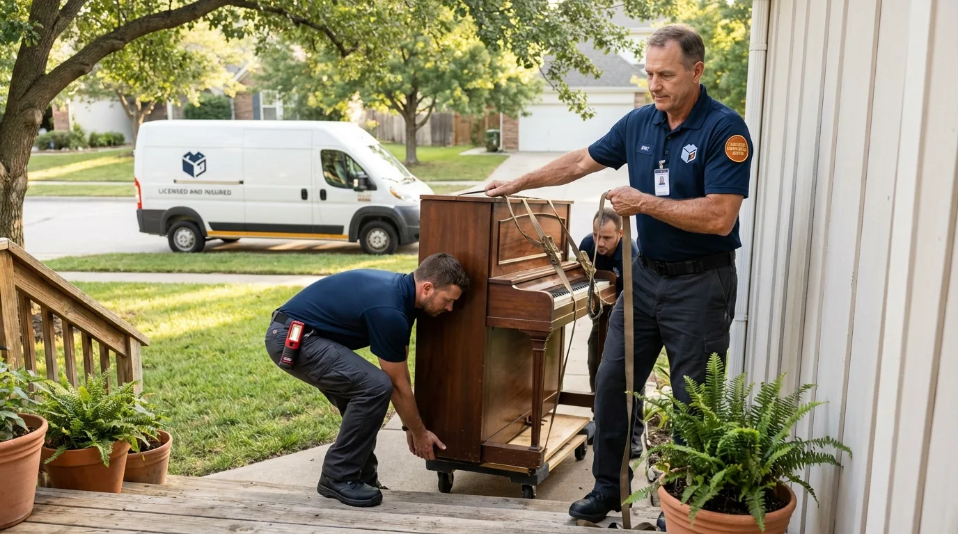 Licensed piano movers securing grand piano in Deer Isle, ME