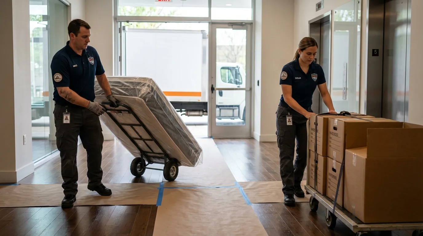 Professional apartment movers loading elevator in Deer Isle, ME