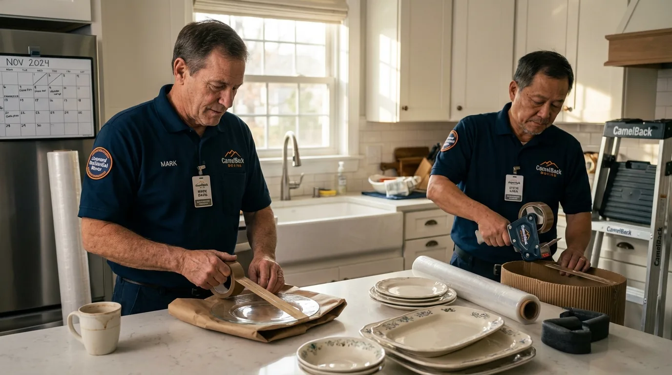 Professional crew packing kitchen dishware in Deer Isle, ME